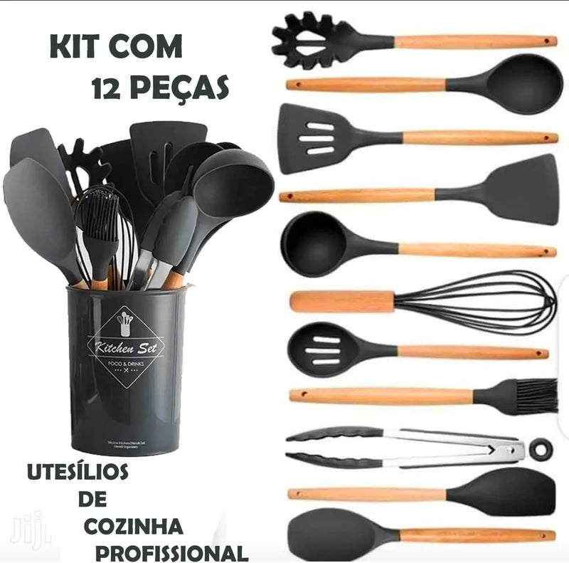 Jogo Kit com 12 Peças Utensílios De Cozinha Colheres Espatula Silicone Cabo Madeira