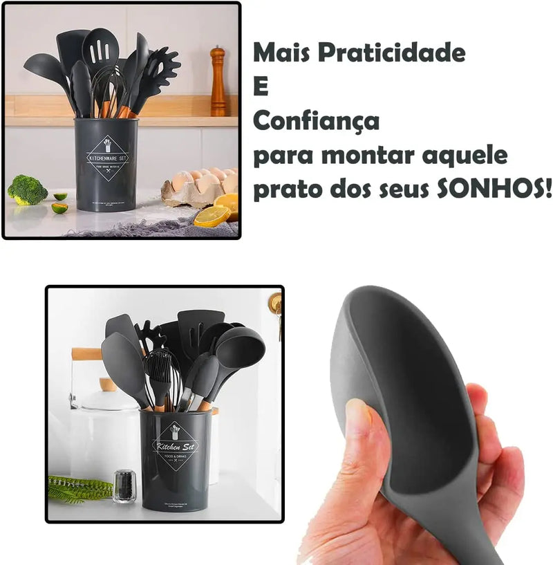 Jogo Kit com 12 Peças Utensílios De Cozinha Colheres Espatula Silicone Cabo Madeira