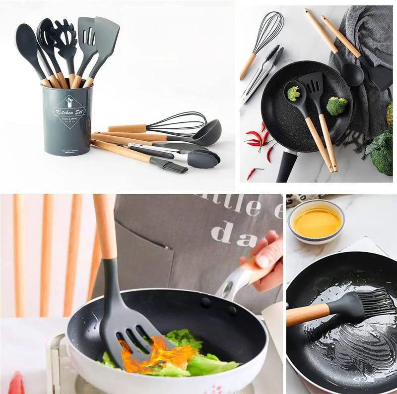 Jogo Kit com 12 Peças Utensílios De Cozinha Colheres Espatula Silicone Cabo Madeira