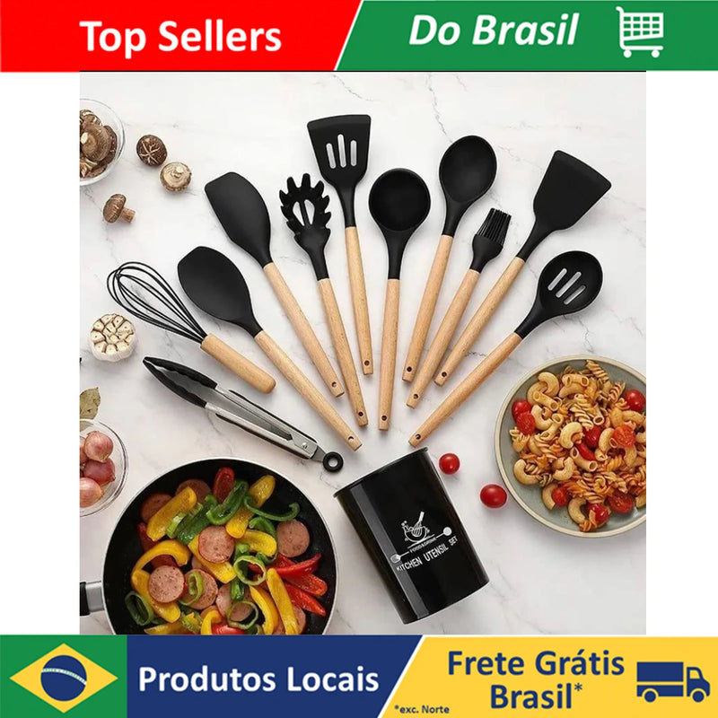 Jogo Kit com 12 Peças Utensílios De Cozinha Colheres Espatula Silicone Cabo Madeira