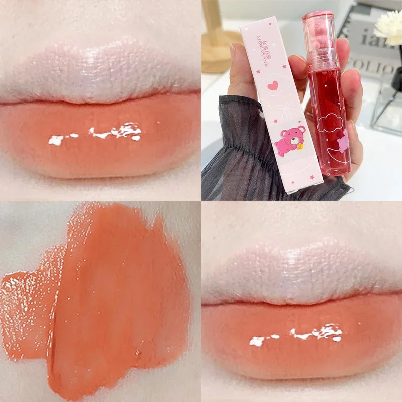 Cute Pink Bear Water Light Lip Gloss Lasting Crystal Glossy  Lip Glaze Mirror Nude Liquid Lipstick Women Lips Makeup Cosmetics