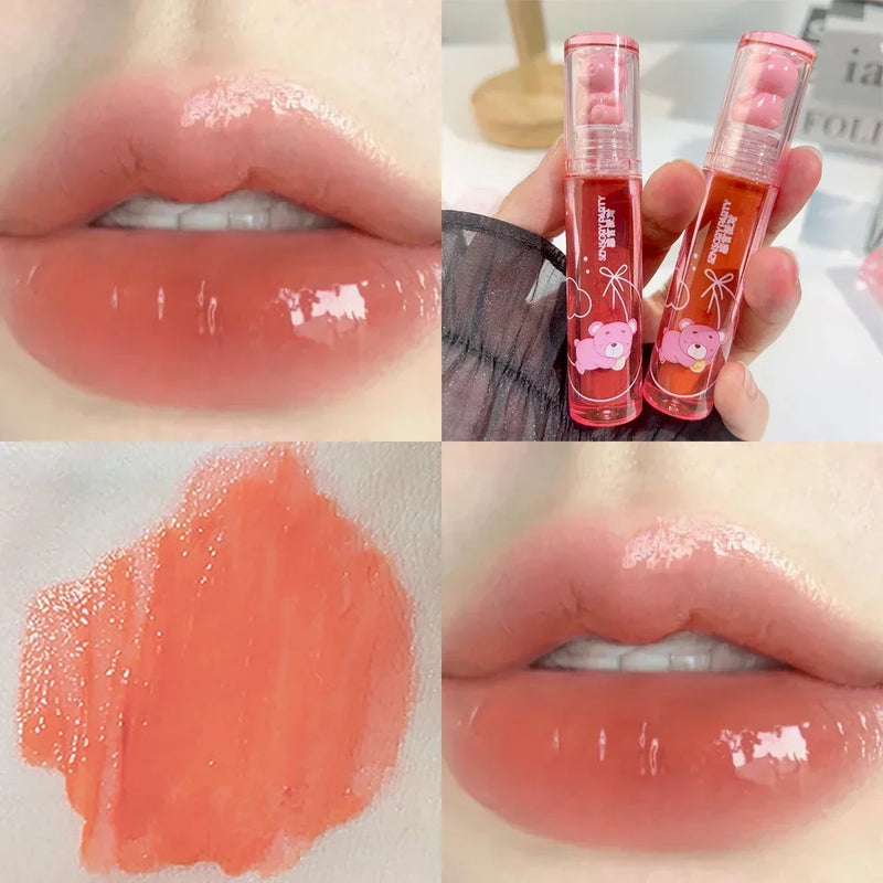 Cute Pink Bear Water Light Lip Gloss Lasting Crystal Glossy  Lip Glaze Mirror Nude Liquid Lipstick Women Lips Makeup Cosmetics