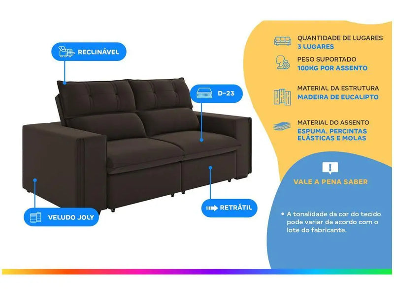 Sofá retrátil reclinável 3 lugares veludo