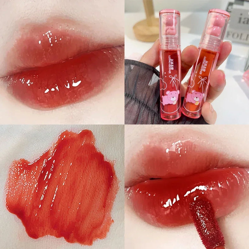 Cute Pink Bear Water Light Lip Gloss Lasting Crystal Glossy  Lip Glaze Mirror Nude Liquid Lipstick Women Lips Makeup Cosmetics