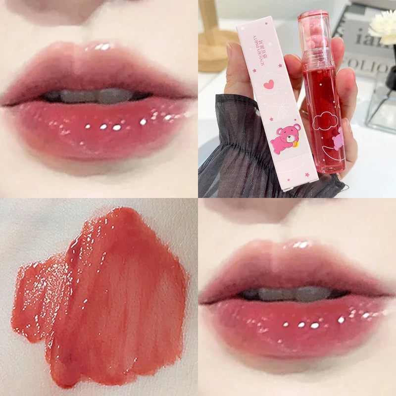 Cute Pink Bear Water Light Lip Gloss Lasting Crystal Glossy  Lip Glaze Mirror Nude Liquid Lipstick Women Lips Makeup Cosmetics