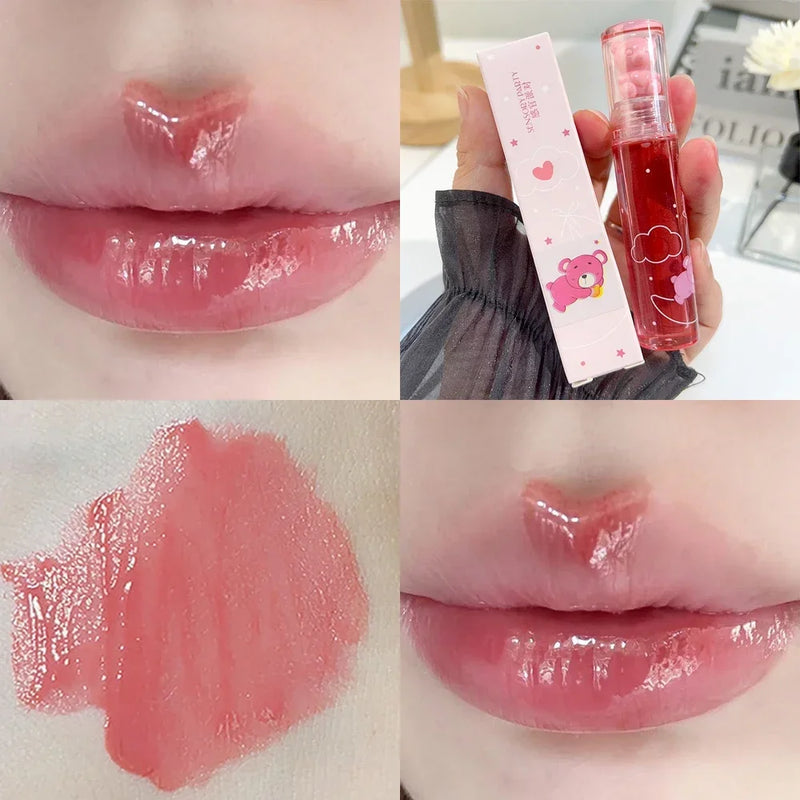 Cute Pink Bear Water Light Lip Gloss Lasting Crystal Glossy  Lip Glaze Mirror Nude Liquid Lipstick Women Lips Makeup Cosmetics