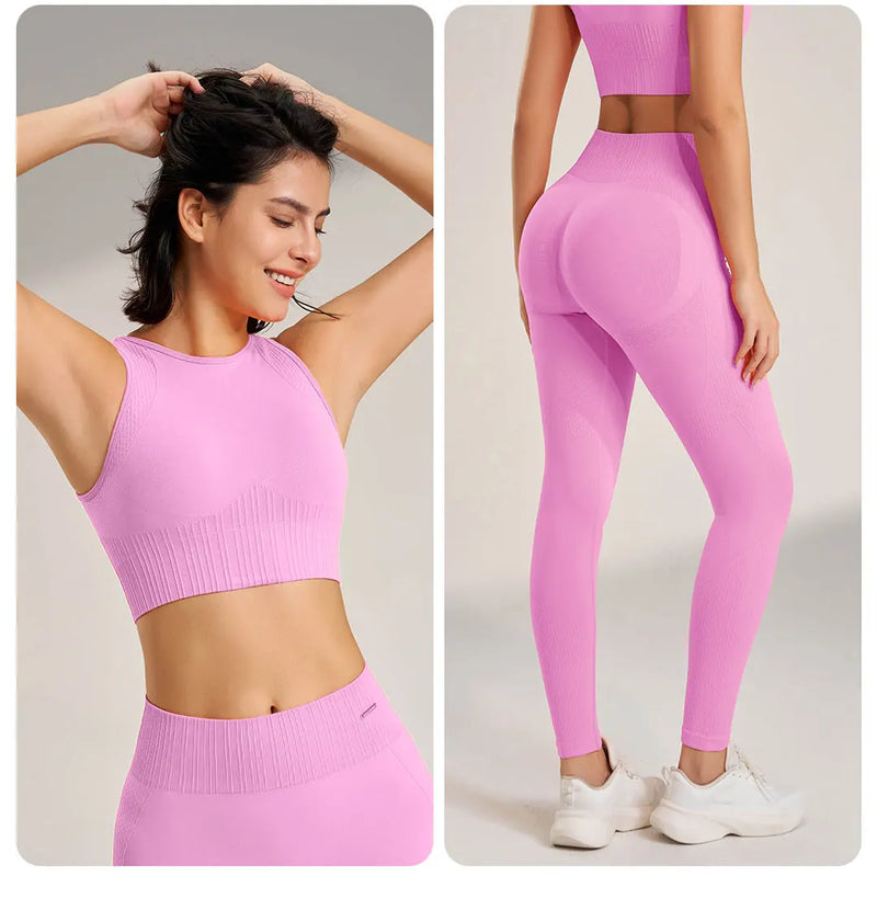 Conjunto esportivo feminino com leggings de cintura alta e top. Duas peças,sem costura