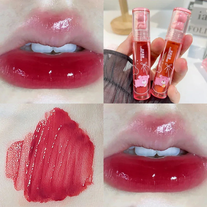 Cute Pink Bear Water Light Lip Gloss Lasting Crystal Glossy  Lip Glaze Mirror Nude Liquid Lipstick Women Lips Makeup Cosmetics